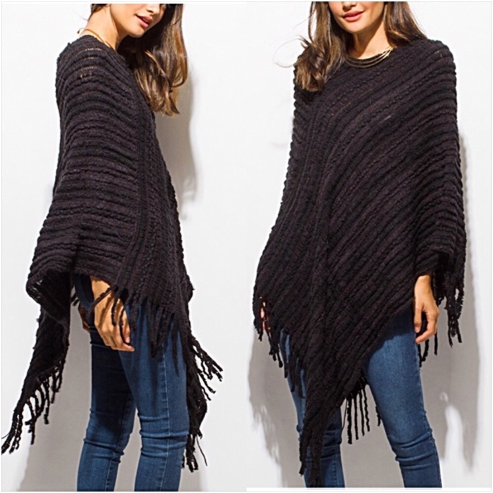 New! Black Fuzzy Sweater Poncho